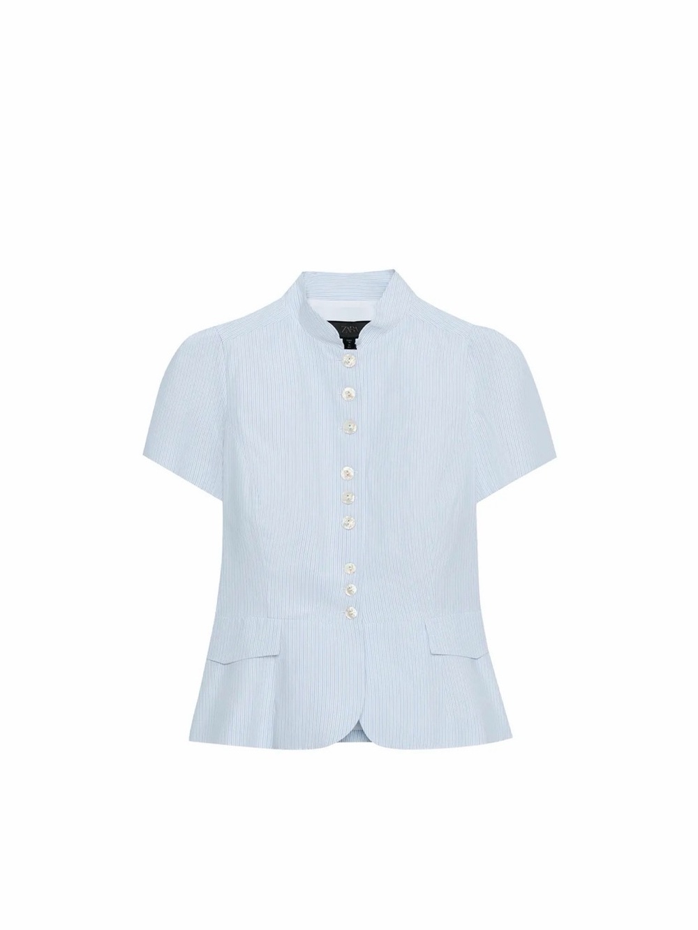 Zara Light Blue Short Sleeve Button-Down Peplum Top